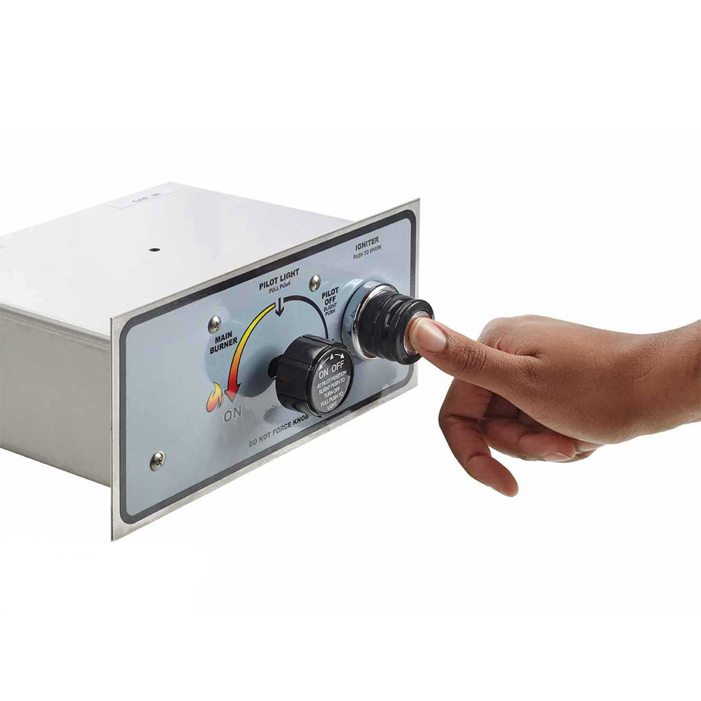 Gas fire pit control box with dual knobs and push-button style ignition switch