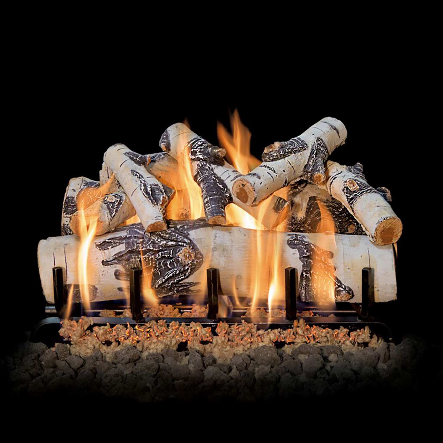 Quaking aspen gas logs with bright flames and faux ember base