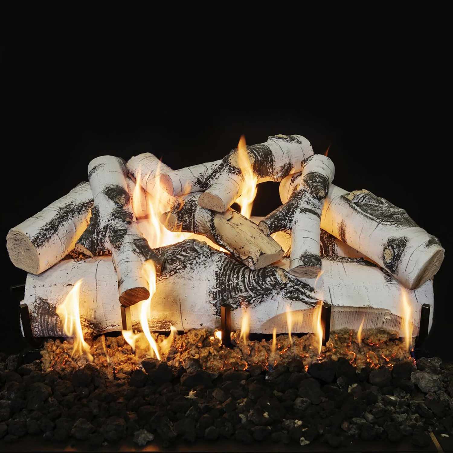 Quaking aspen gas logs arranged in a log pattern with multiple flames
