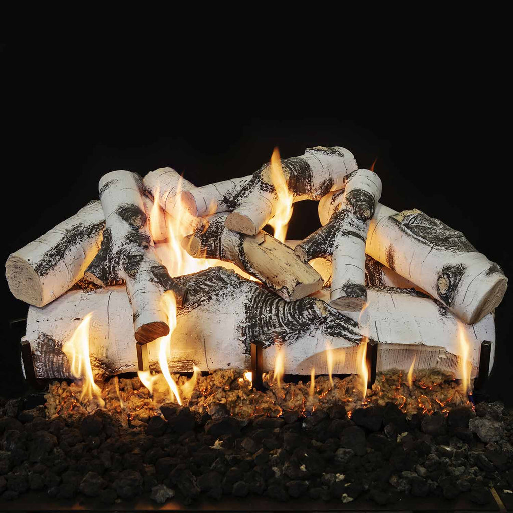 Vented gas log set with burning aspen-style logs and visible ember bed