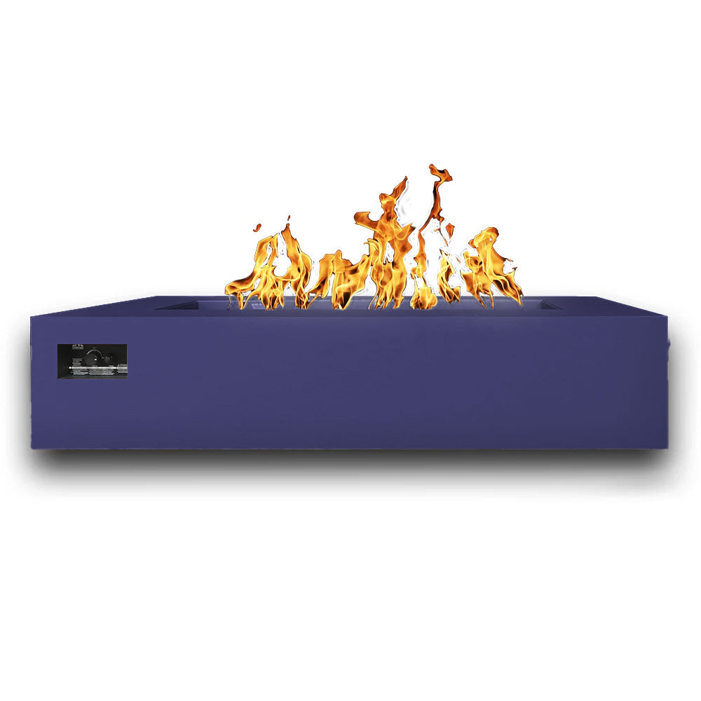 Rectangular gas fire table with flames, blue finish
