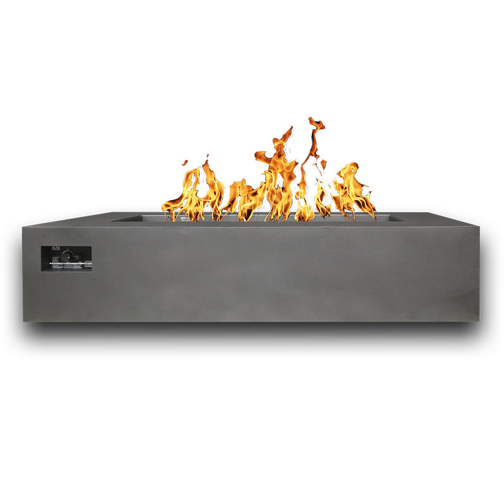 Rectangular gas fire table with flames, gray finish