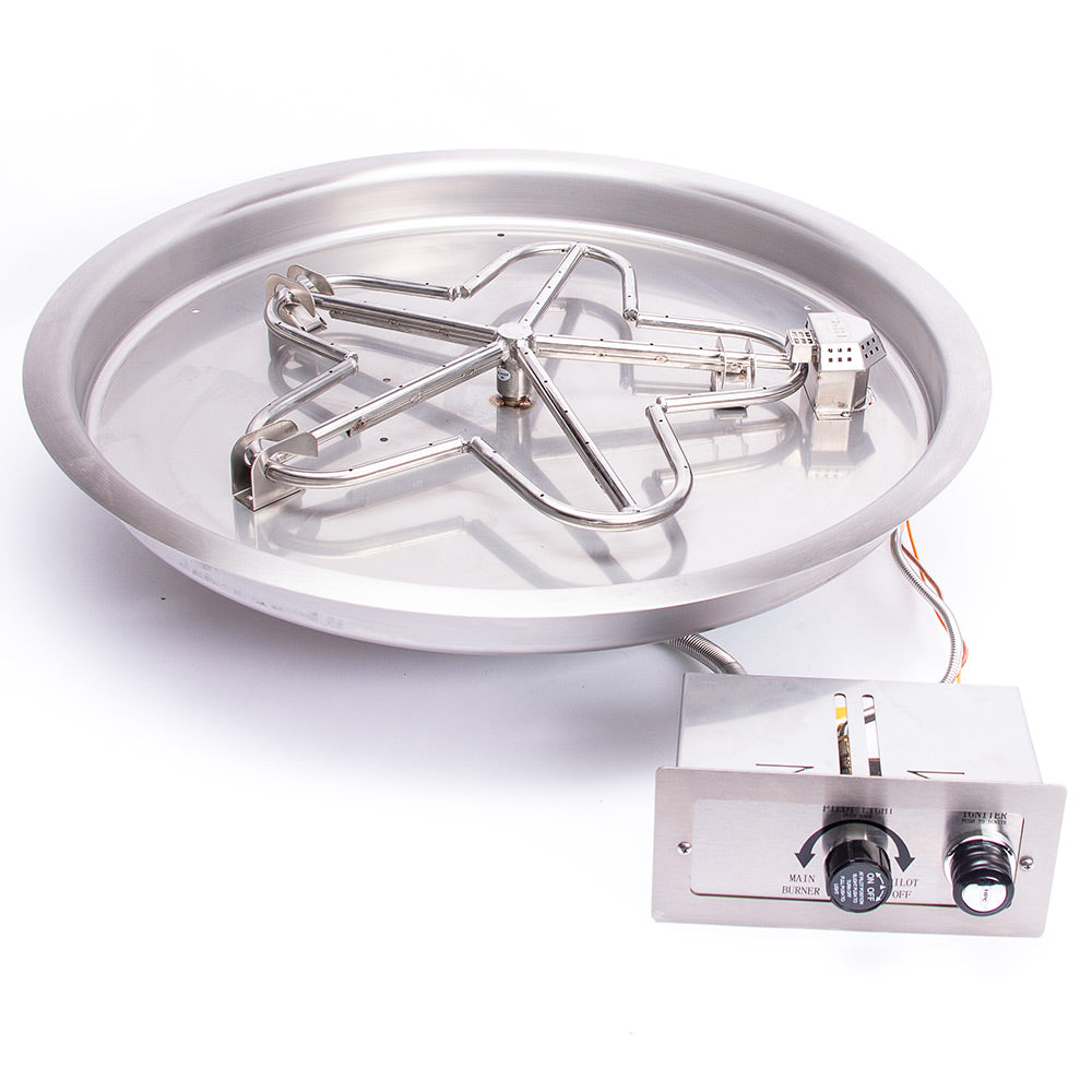 Round gas fire pit burner with stainless manifold and push-button control module