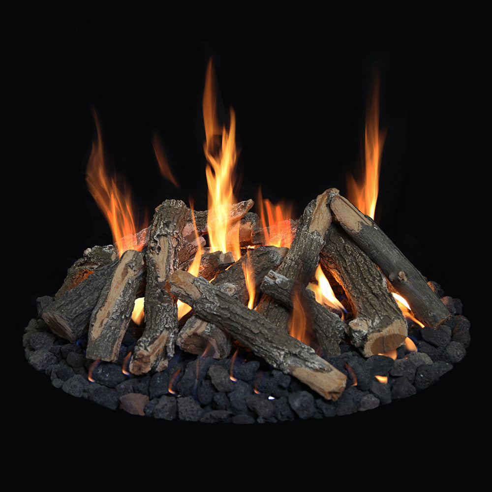 Match light fire pit stack set with burning wood logs and glowing charcoal
