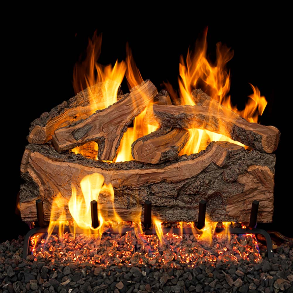 Vented gas logs with bright flames and glowing ember bed