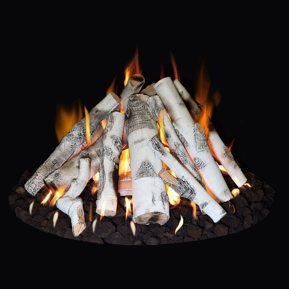 Match light fire pit stack set with white-gray split logs, orange flames, and lava rocks