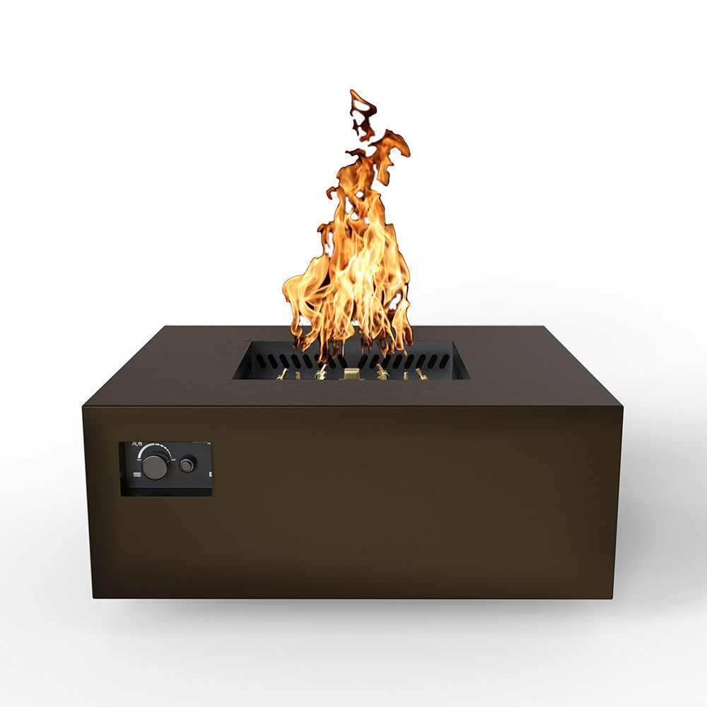 Square gas fire table with flames, bronze-brown powder-coated finish