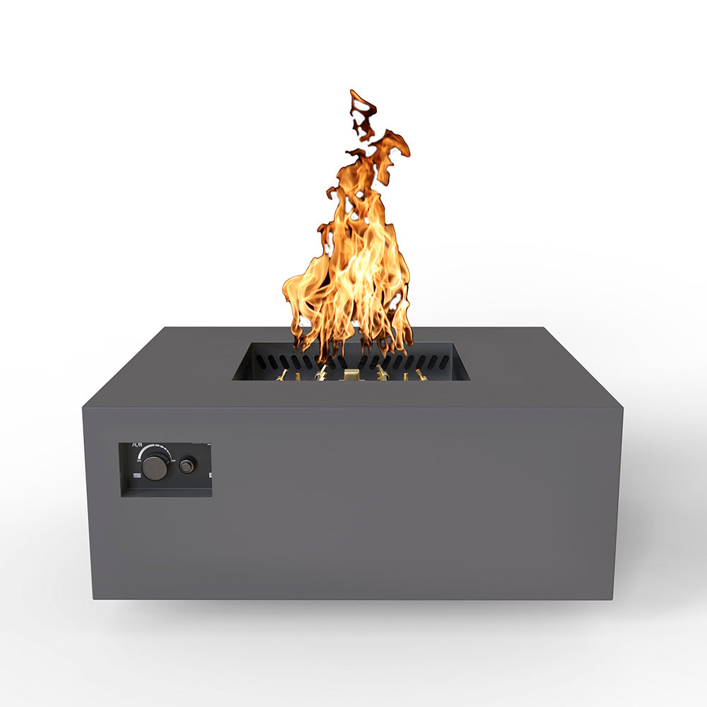 Square gas fire table with flames in center burner, light gray sand-pebble finish
