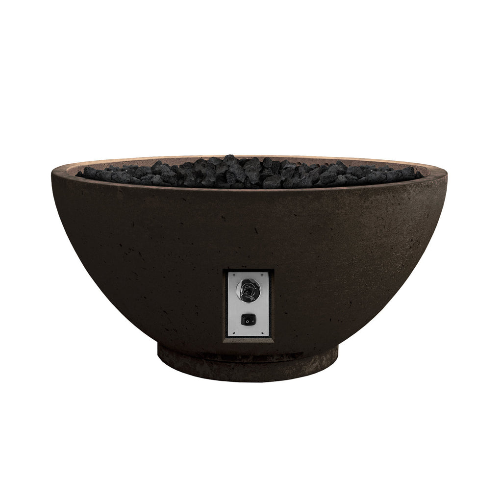 Gas fire bowl, dark finish with black lava rocks and side control panel.