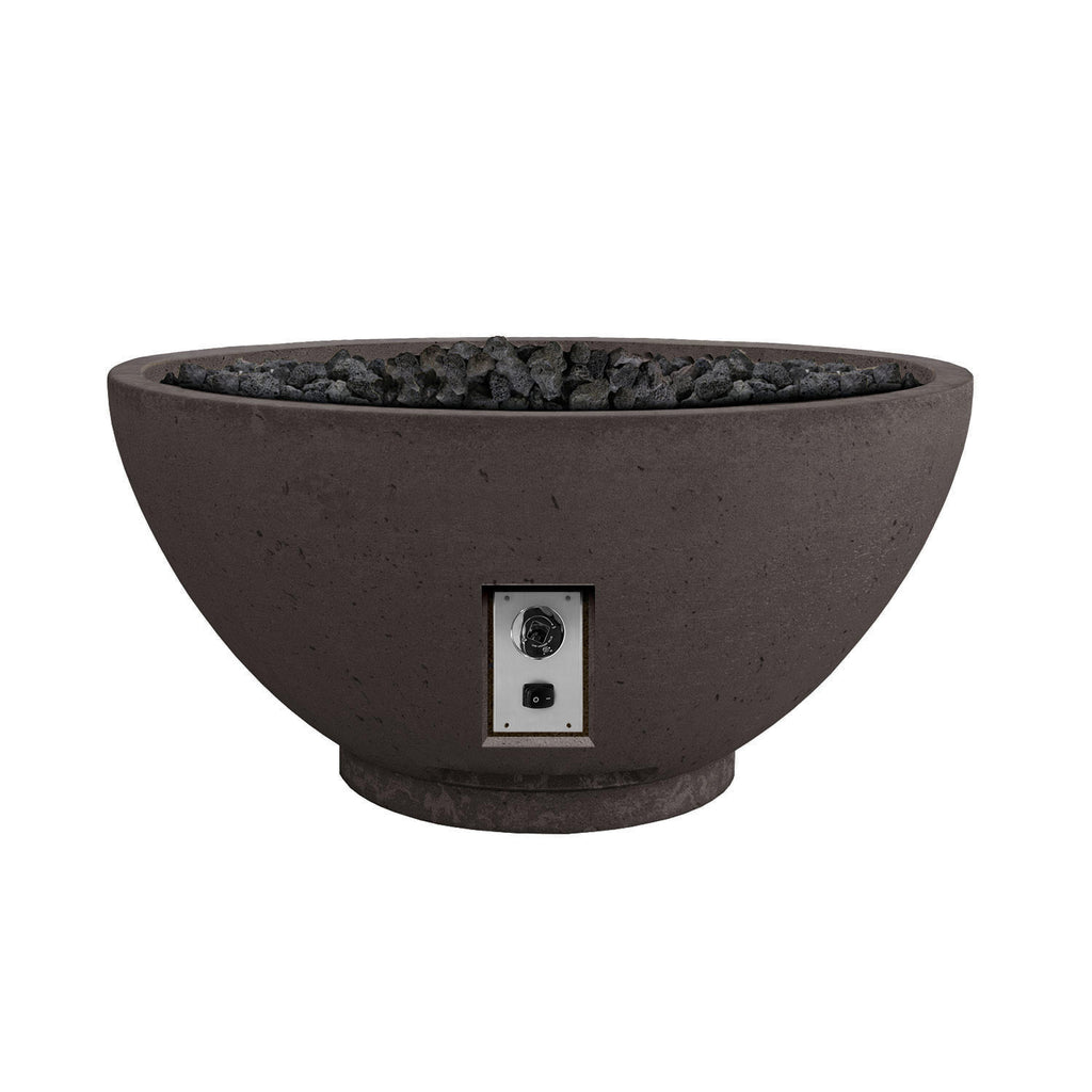 Gas fire bowl, dark finish with lava rocks and rectangular side control panel.
