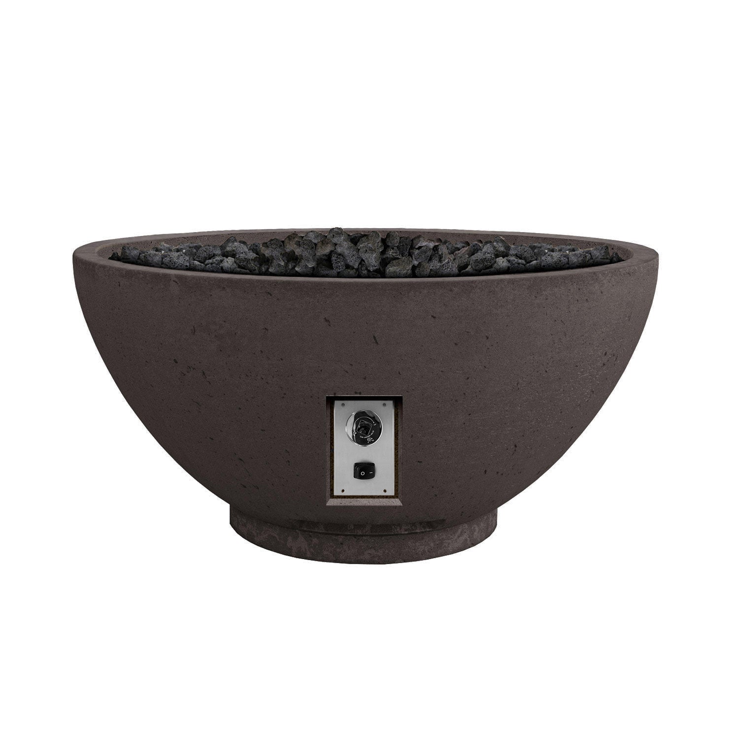 Gas fire bowl, dark finish with lava rocks and rectangular side control panel.