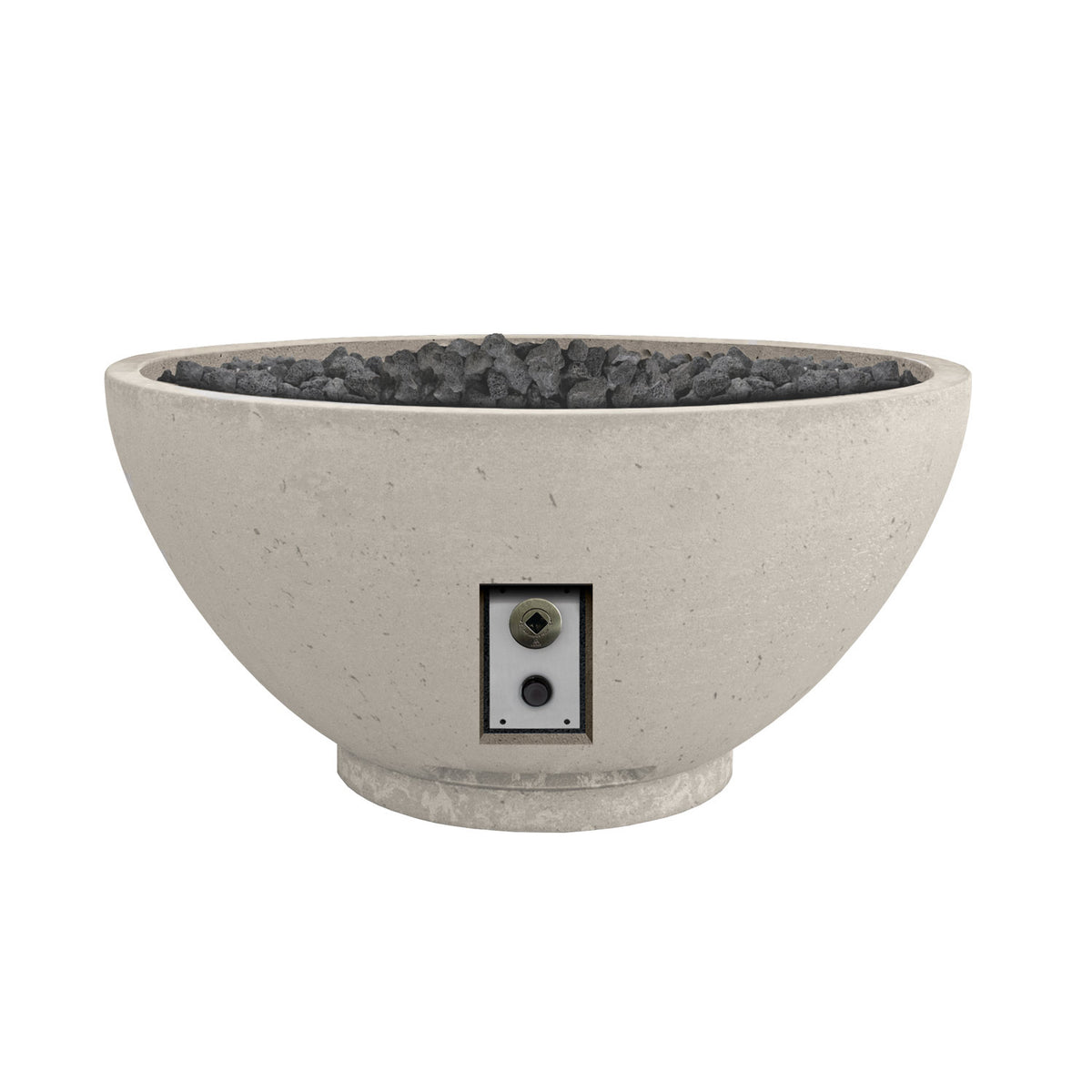 Gas fire bowl, light stone finish with black lava rocks and side control panel.