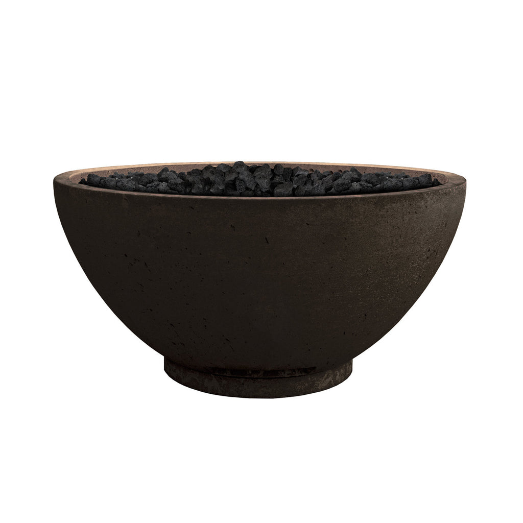 Gas fire bowl, dark stone finish with black lava rocks in the basin.