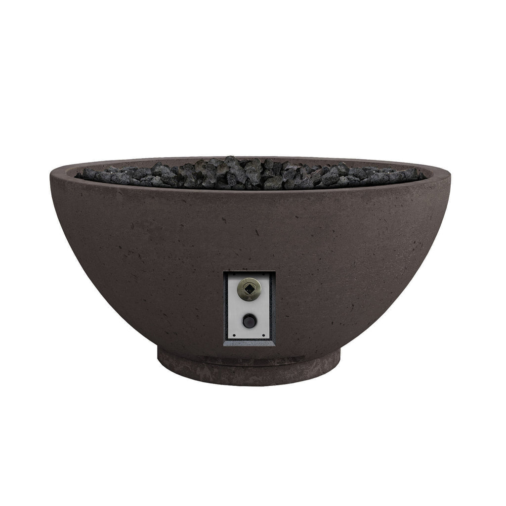 Gas fire bowl, dark stone finish with lava rocks and front control panel.