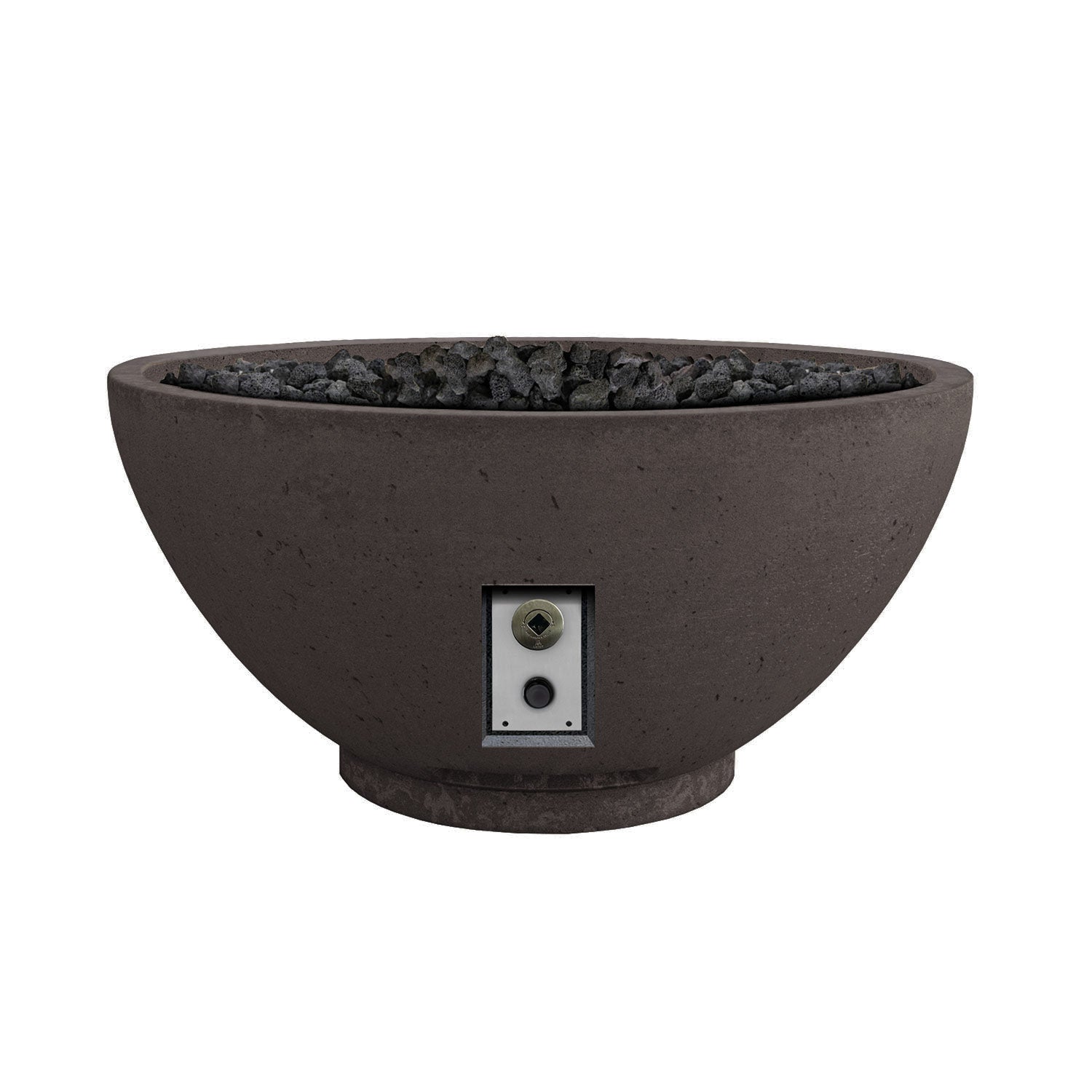 Gas fire bowl, dark stone finish with lava rocks and front control panel.