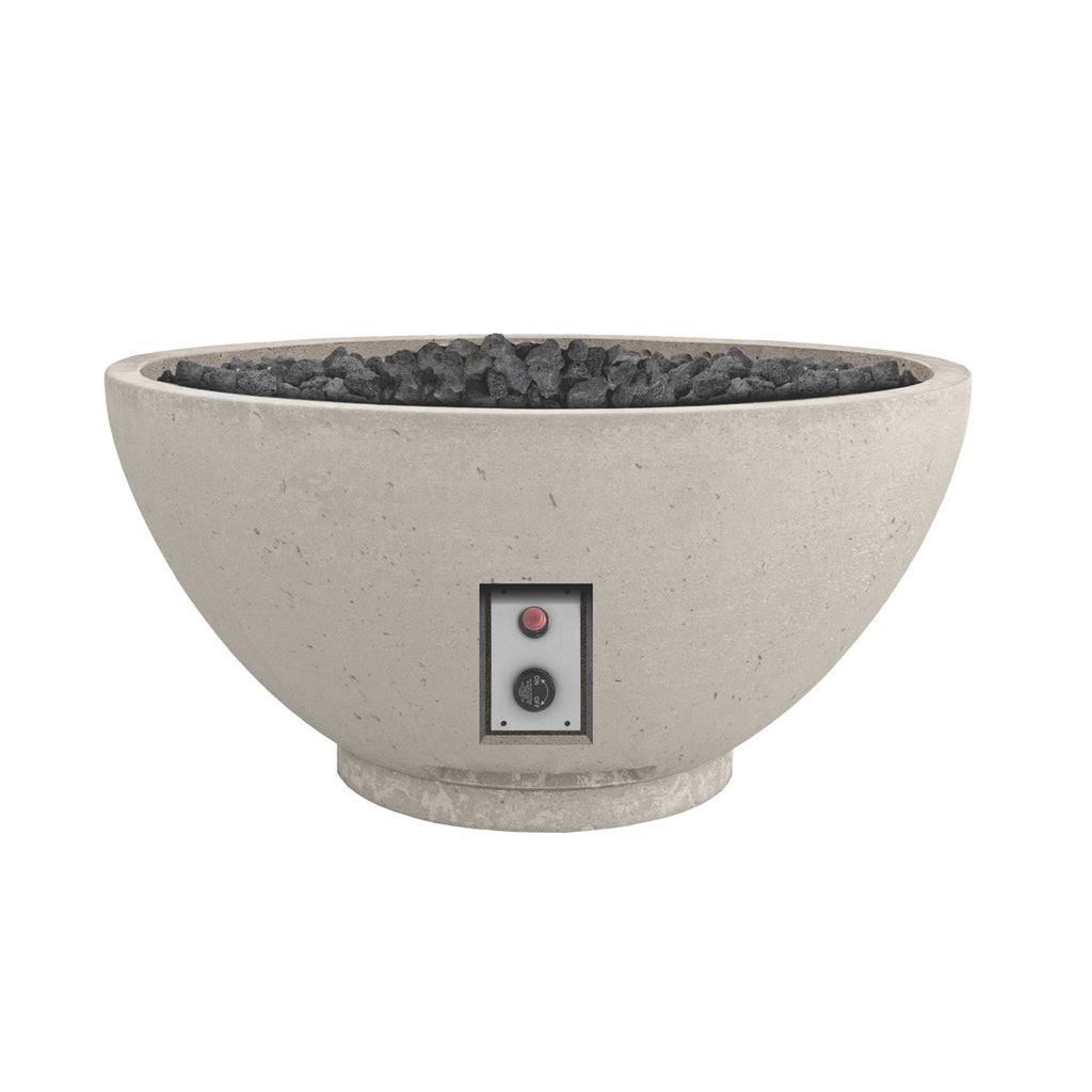 Gas fire bowl, light stone finish with black lava rocks and control panel with red light.