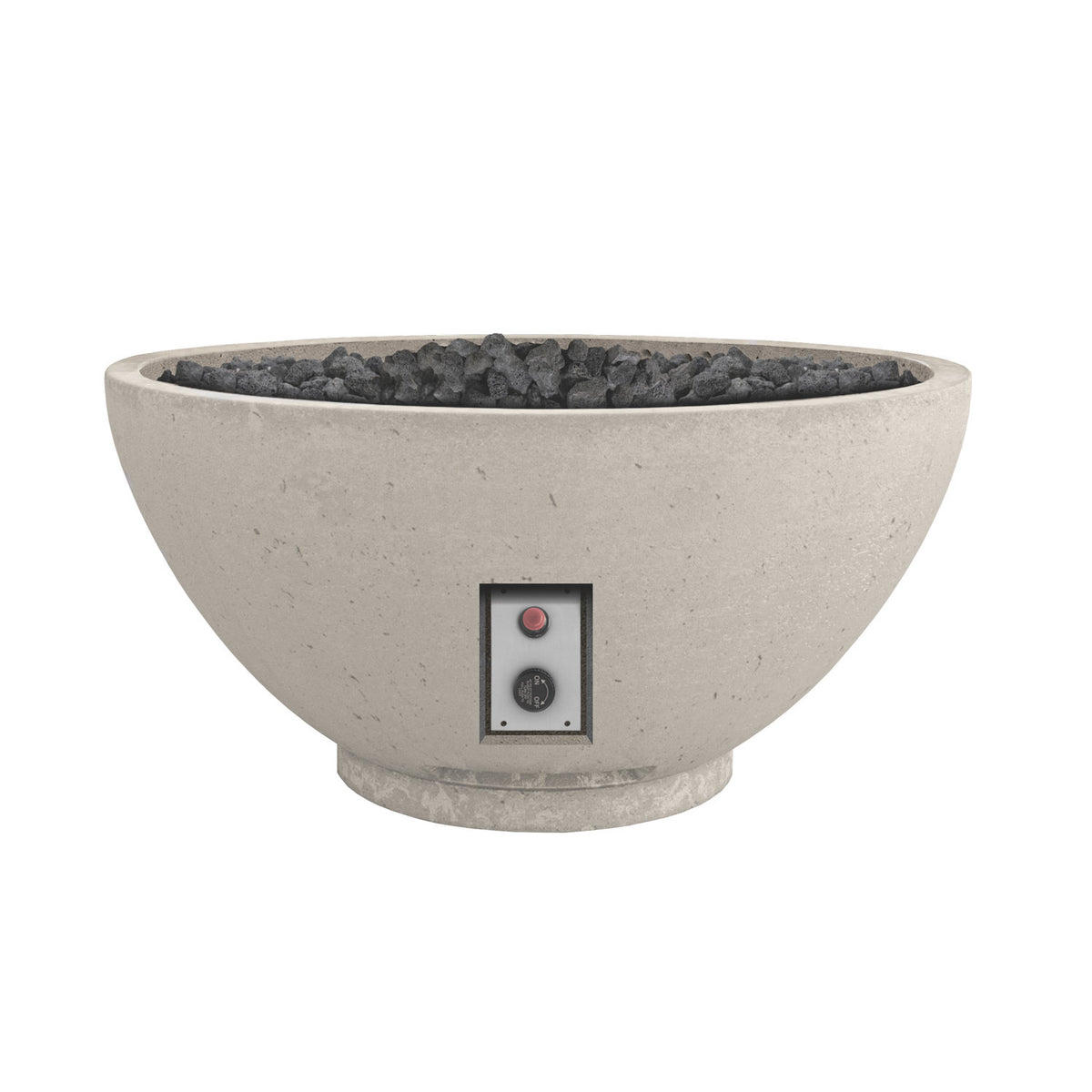 Gas fire bowl, light stone finish with black lava rocks and control panel with red light.