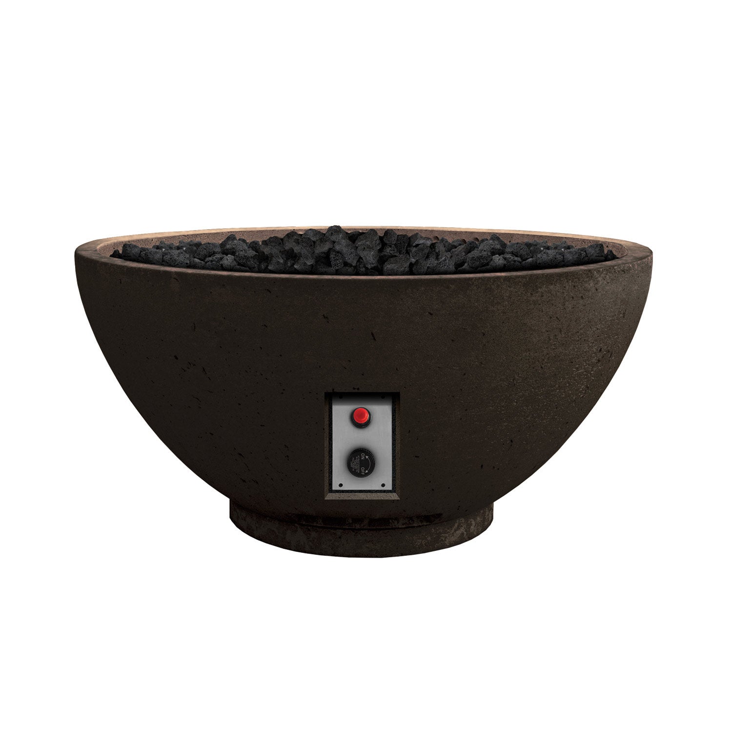 Black gas fire bowl with burner rocks and front control panel with red switch