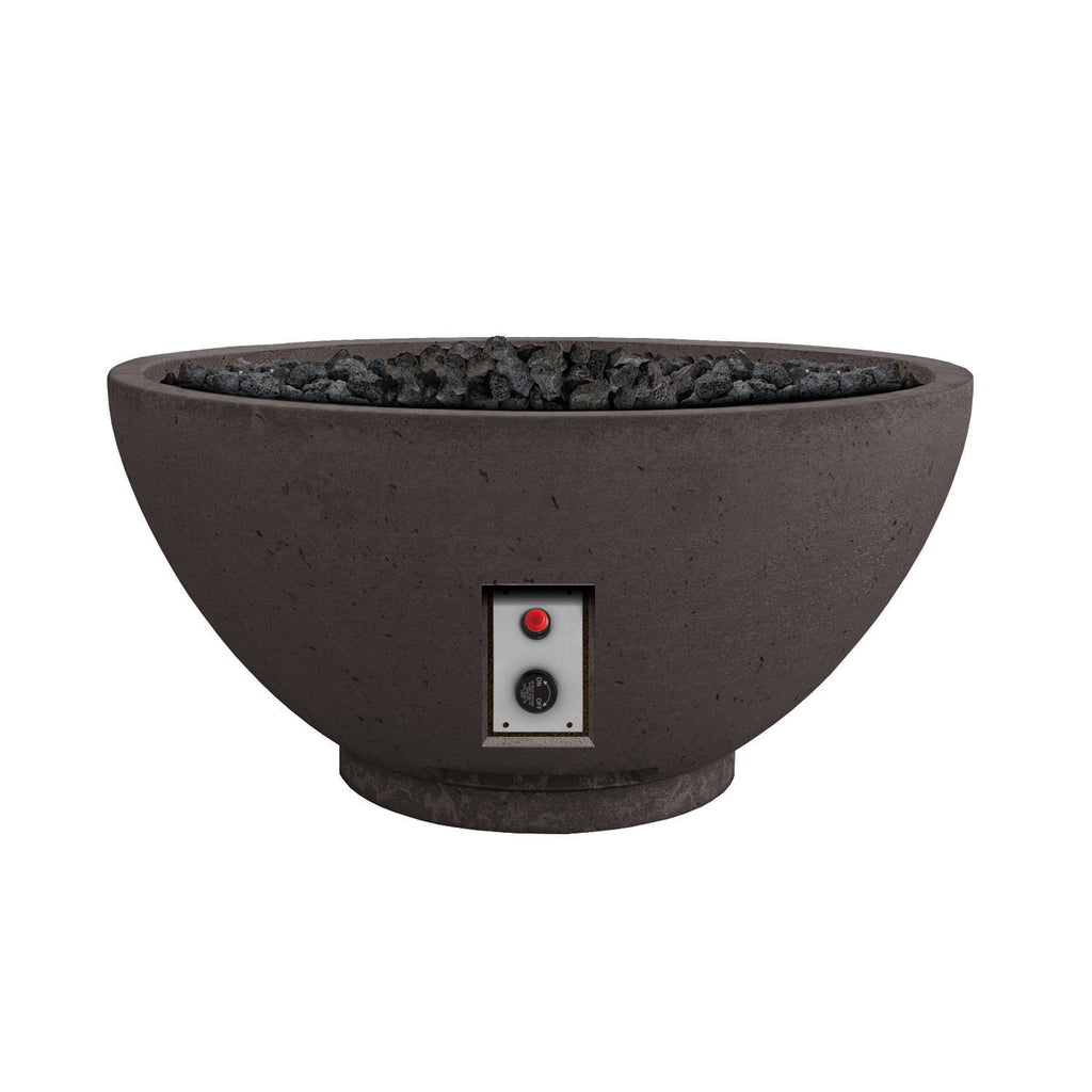Black gas fire bowl with burner rocks and front control panel centered