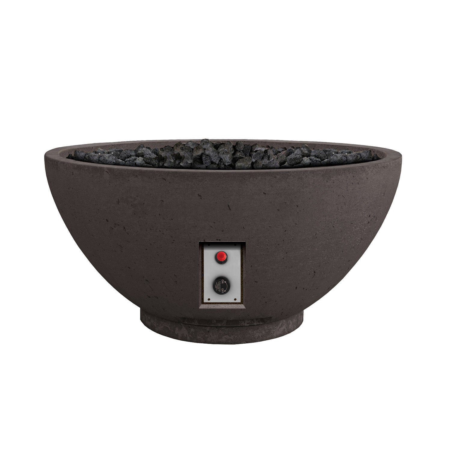 Black gas fire bowl with burner rocks and front control panel centered