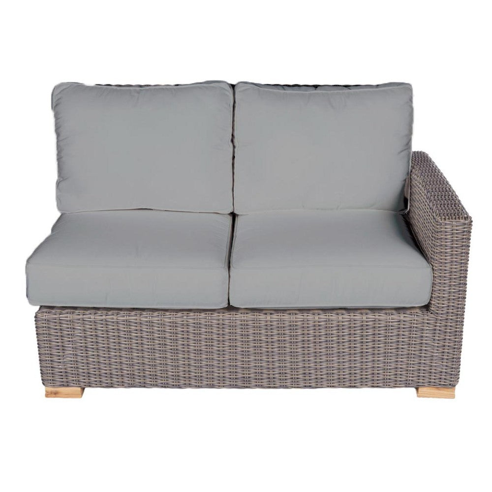 Two-seater outdoor loveseat with light gray cushions and gray wicker frame