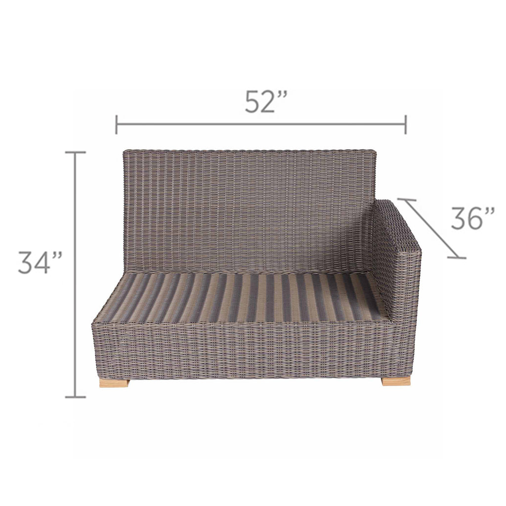 Two-seater outdoor loveseat with gray wicker arms and striped cushion base