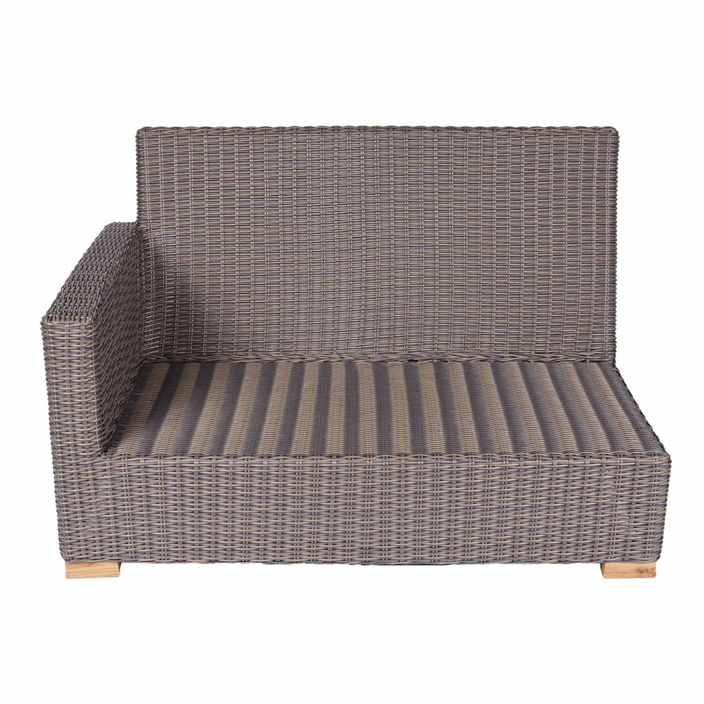 Gray wicker two-seat sectional couch with right arm, cushion platform, wooden feet