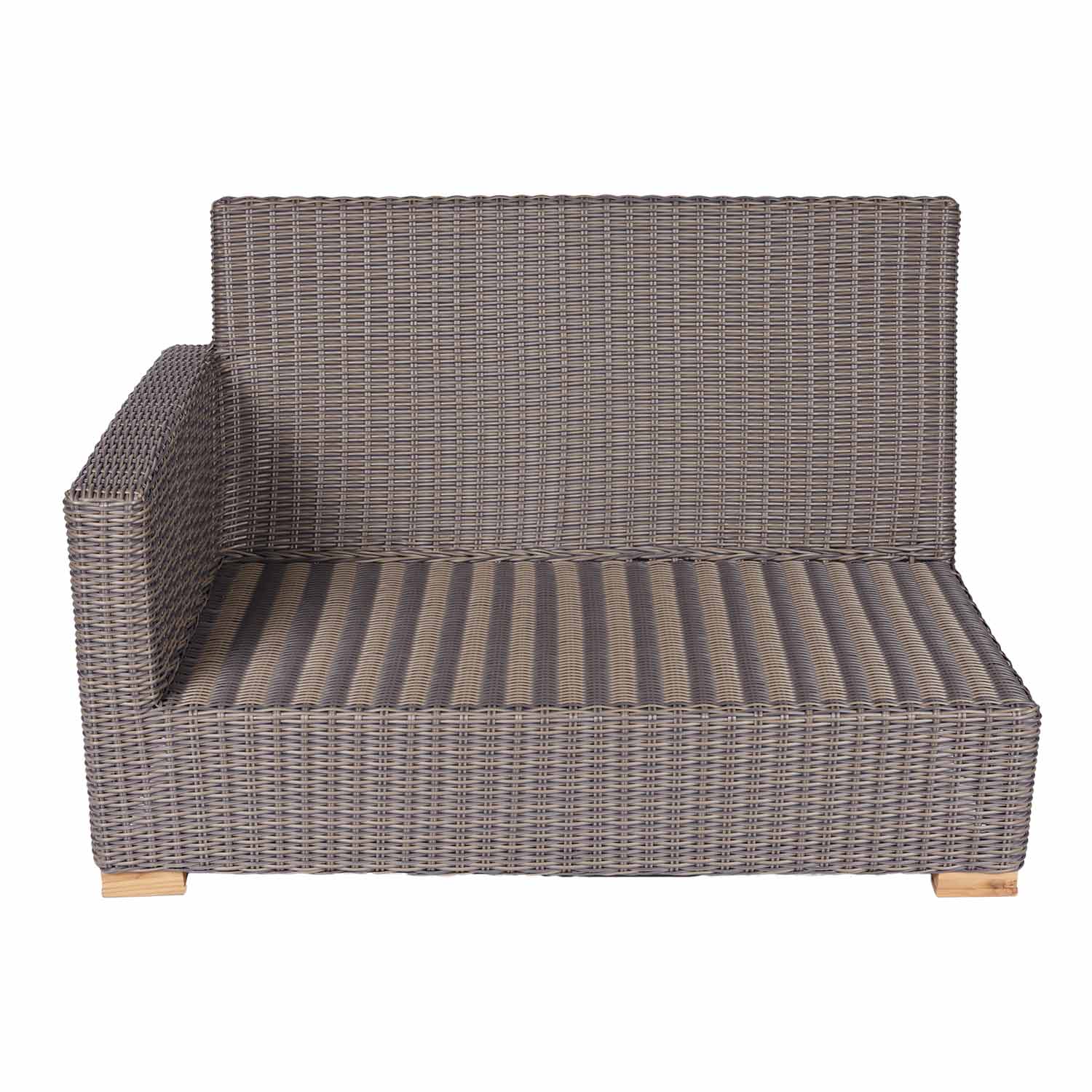 Gray wicker two-seat sectional couch with right arm, cushion platform, wooden feet