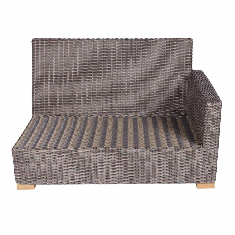 Two-seater outdoor loveseat with gray wicker frame and striped seat cushion