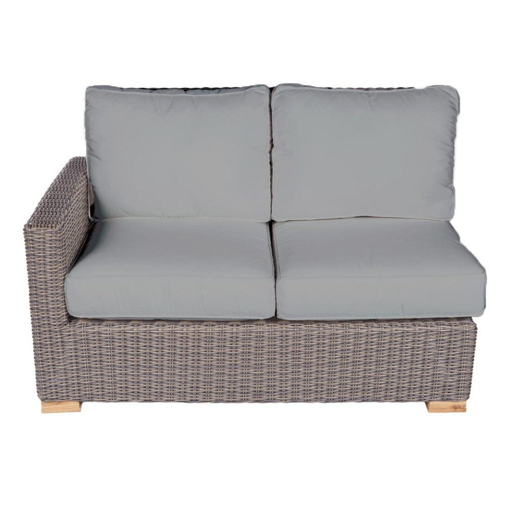 Outdoor 2-seat loveseat with light gray cushions and woven wicker frame, right arm facing