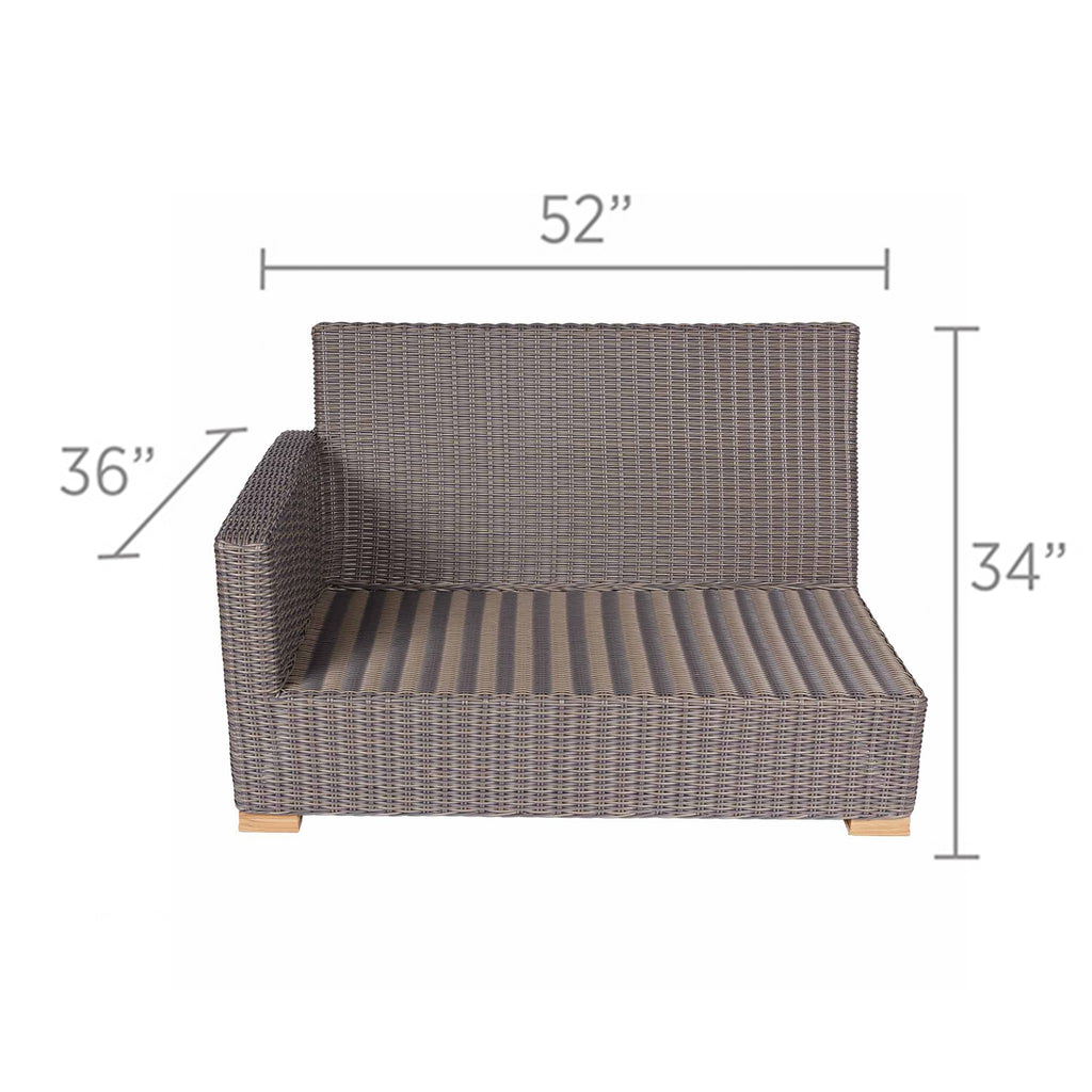 Outdoor 2-seat loveseat with gray cushions and woven wicker frame, side profile