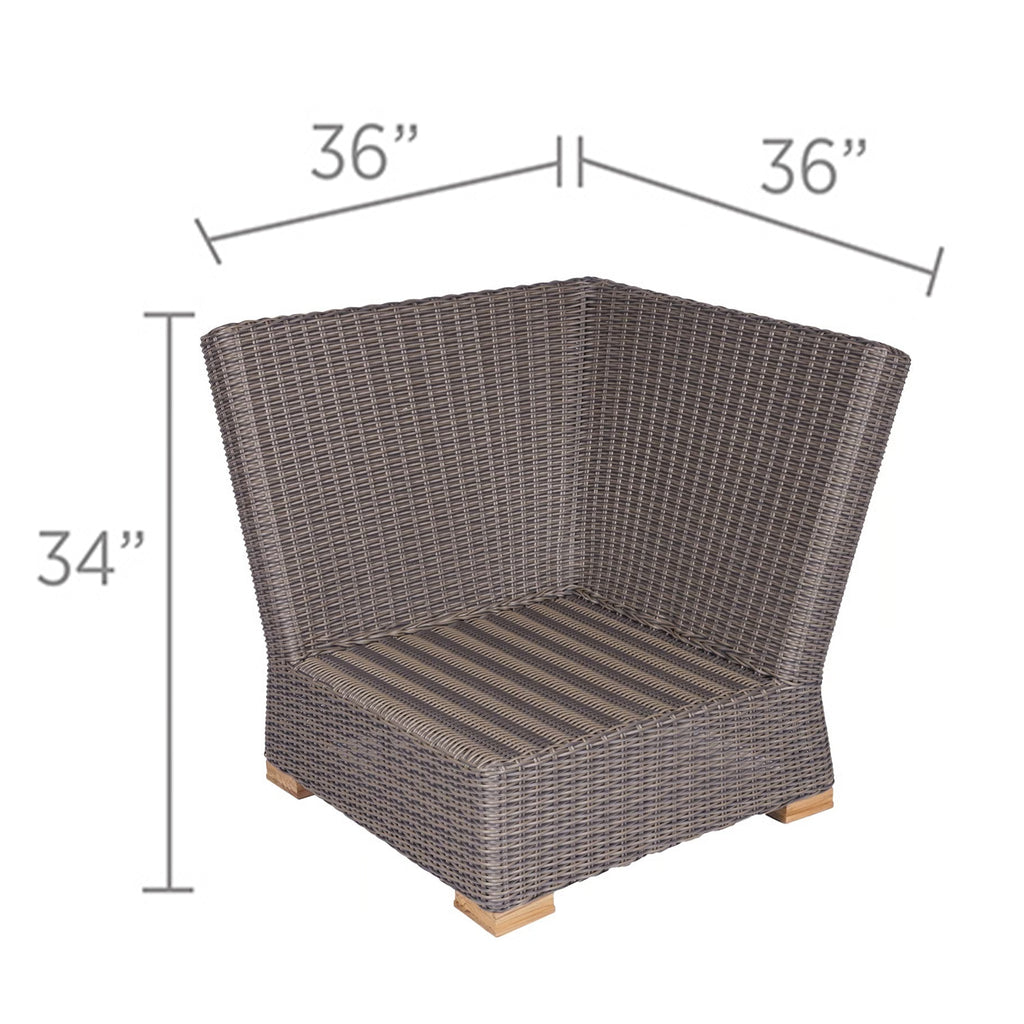 Wicker corner chair with striped seat cushion and low wooden feet