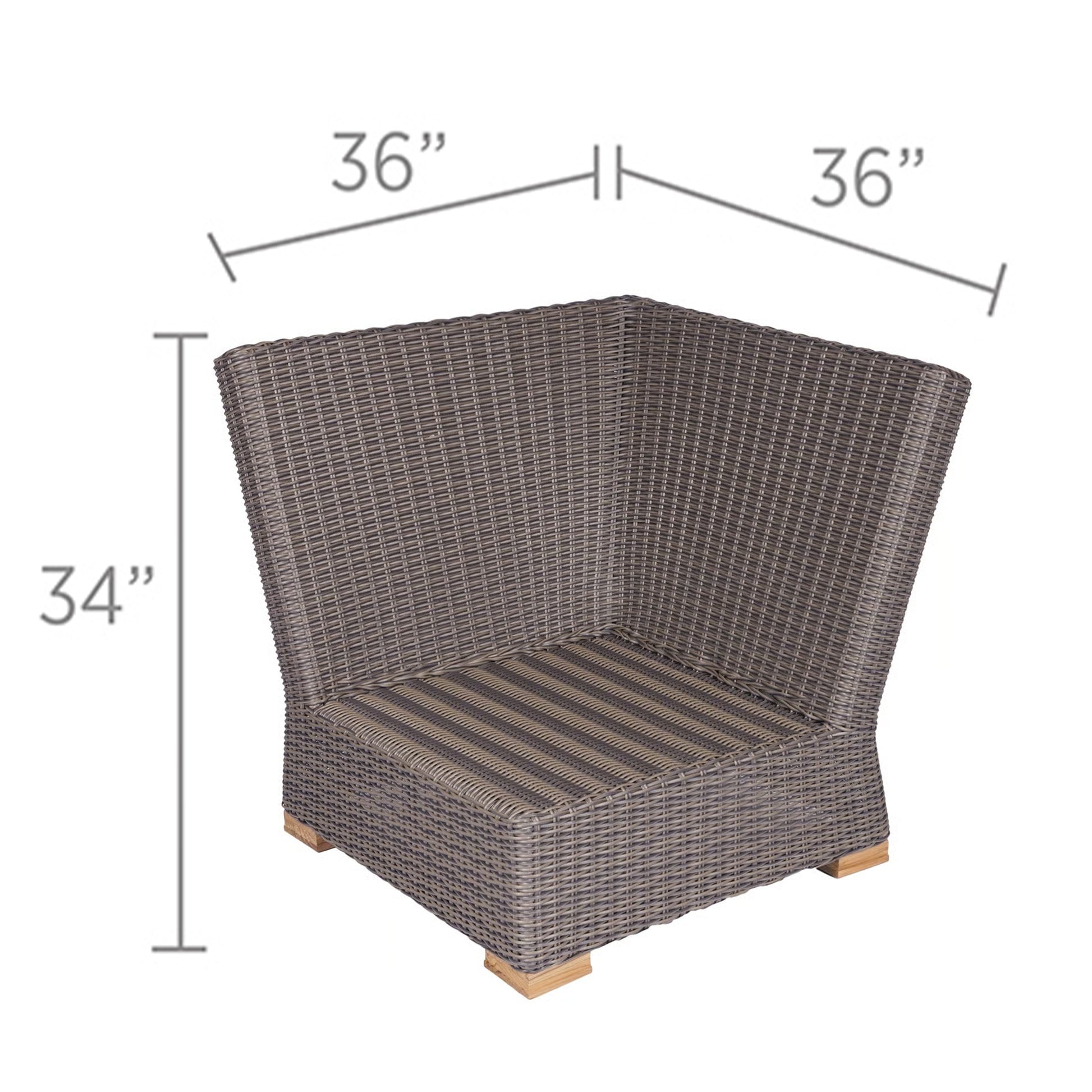 Wicker corner chair with striped seat cushion and low wooden feet