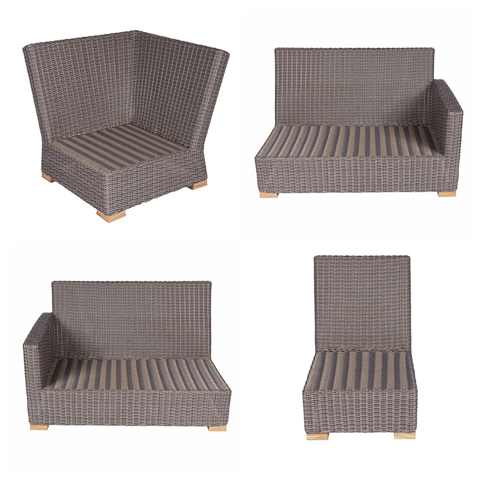 Outdoor sectional set with dark gray cushions and dark gray wicker, corner and armless seats