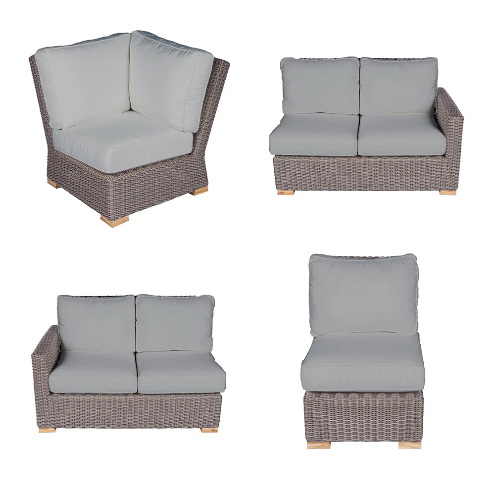 Outdoor sectional set with light gray cushions on dark gray wicker, four-piece views