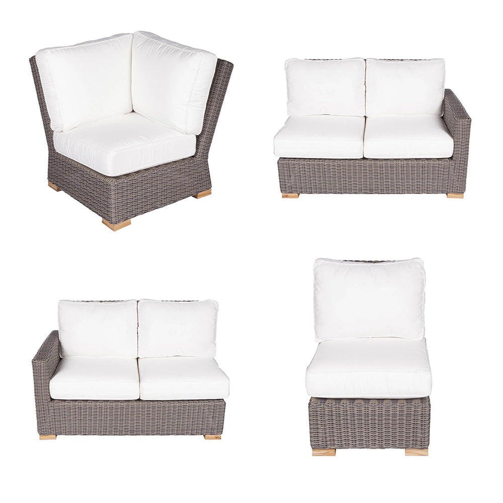 Outdoor sectional set with white cushions and dark gray wicker, multi-piece layout