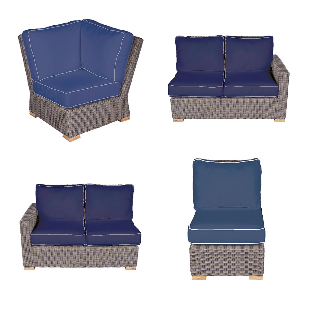 Outdoor sectional set with navy cushions and dark gray wicker, corner and armless seats