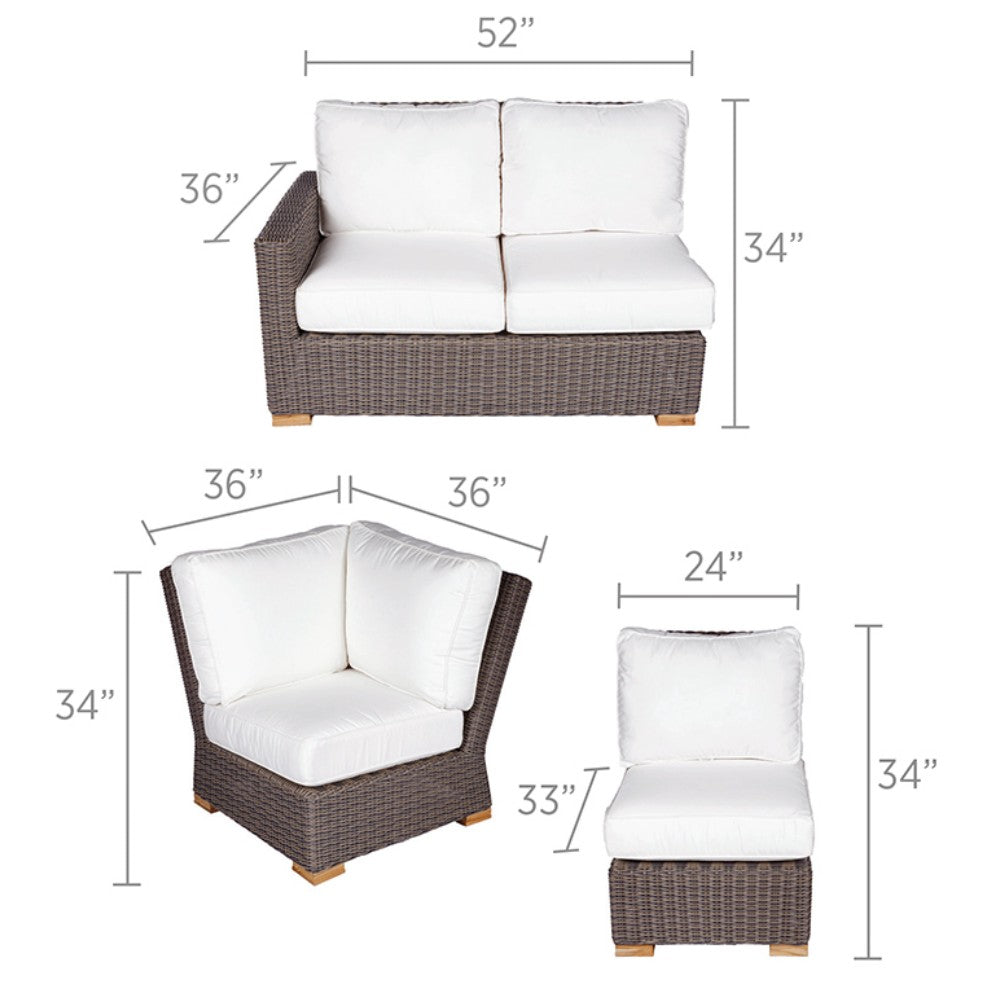 Outdoor sectional set diagram: white seat cushions on dark gray wicker frame