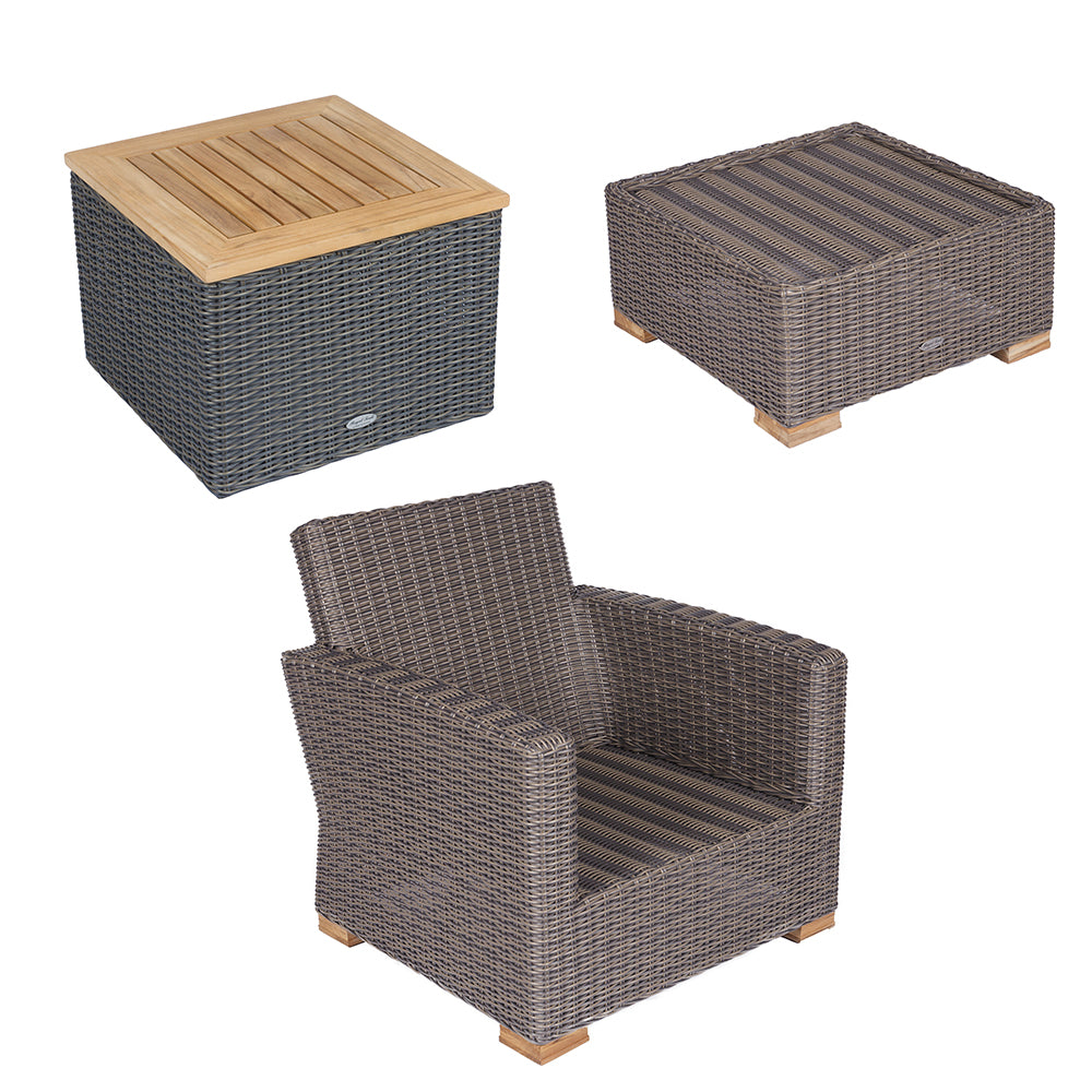 Wicker ottoman and armchair set with slatted wood tops and textured gray cushion pads