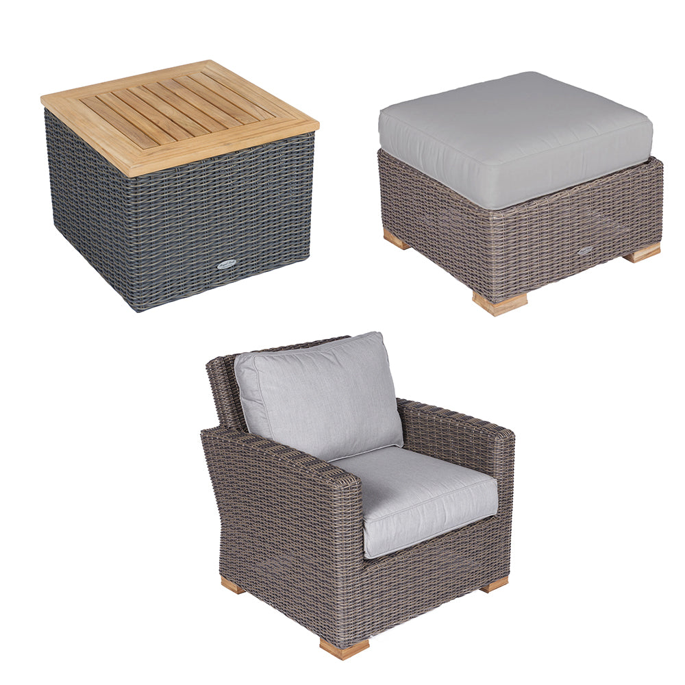 Wicker armchair and ottoman set with slatted wood bases and light gray cushion tops