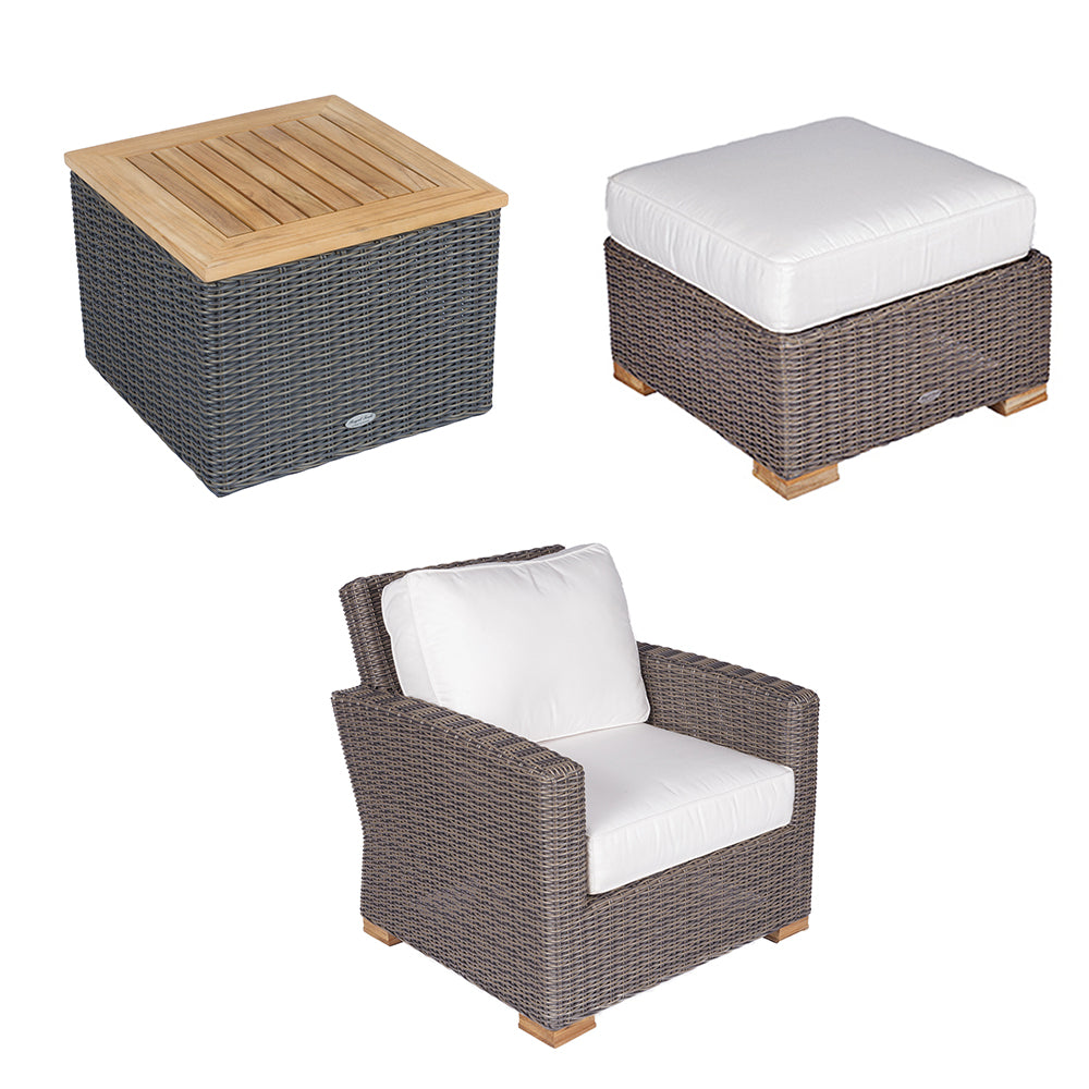 Wicker ottoman and armchair set with slatted wood bases and white cushion pads