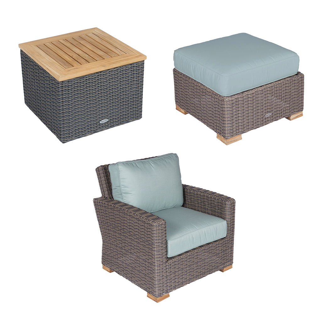 Wicker armchair and ottoman set with slatted wood bases and light blue cushion pads