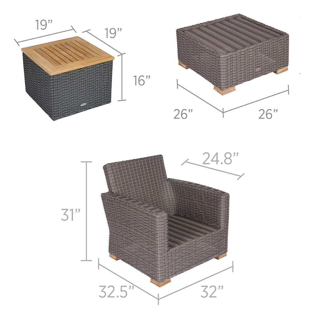 Woven wicker outdoor seating set pieces with wood accents and included size dimensions diagram