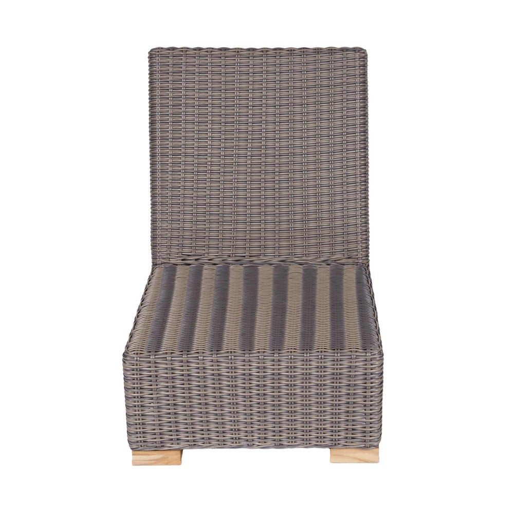 Woven wicker chair insert with dark striped cushion panel and light wood feet