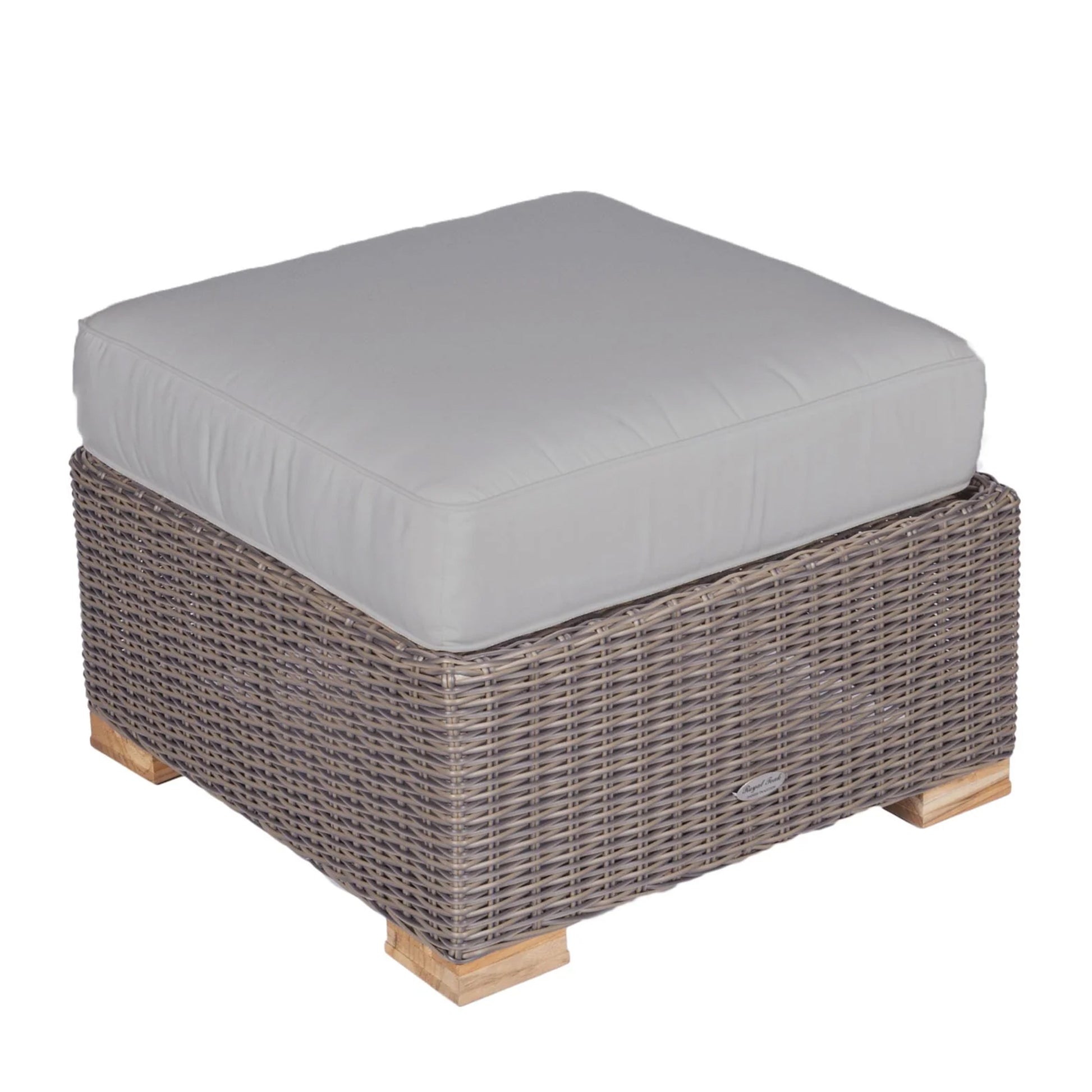 Woven outdoor ottoman with light gray cushion and stitched, padded top