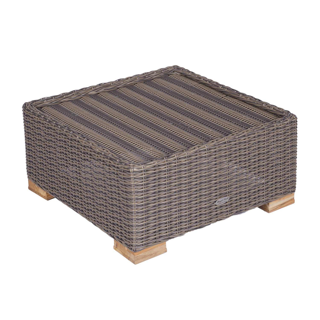 Woven wicker ottoman frame with dark gray-brown wicker and light wood feet