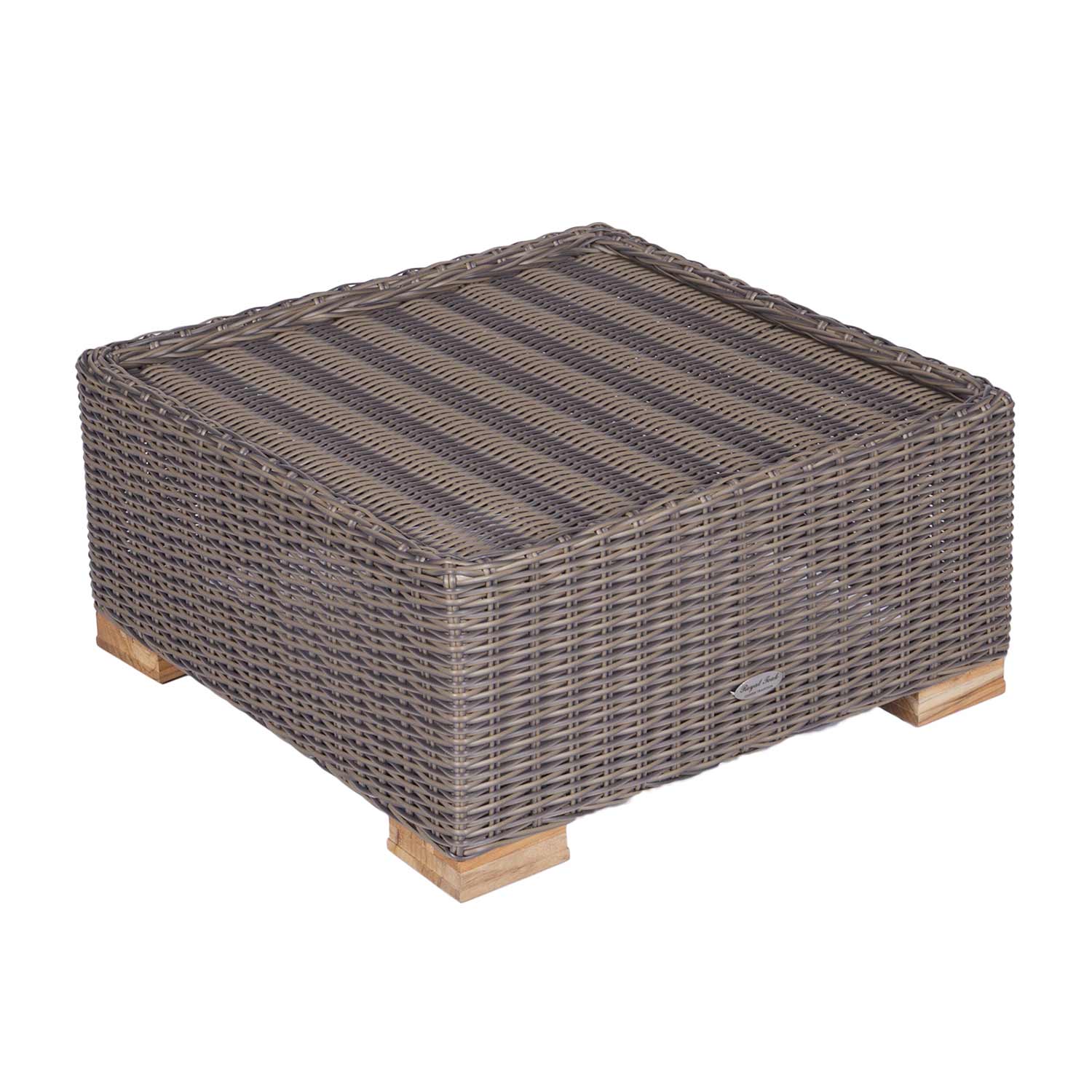 Woven wicker ottoman frame with dark gray-brown wicker and light wood feet