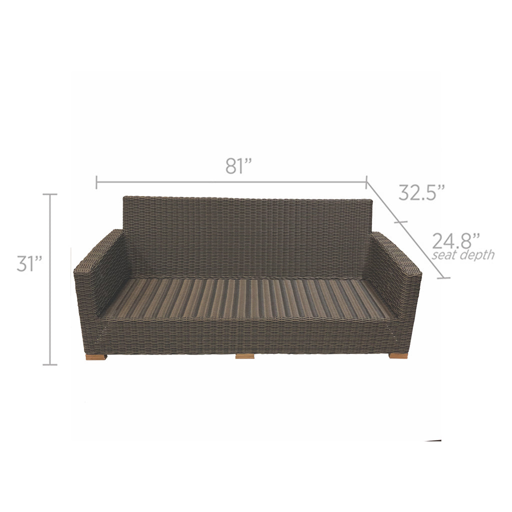 Outdoor patio sofa with dark gray wicker frame and striped seat cushions