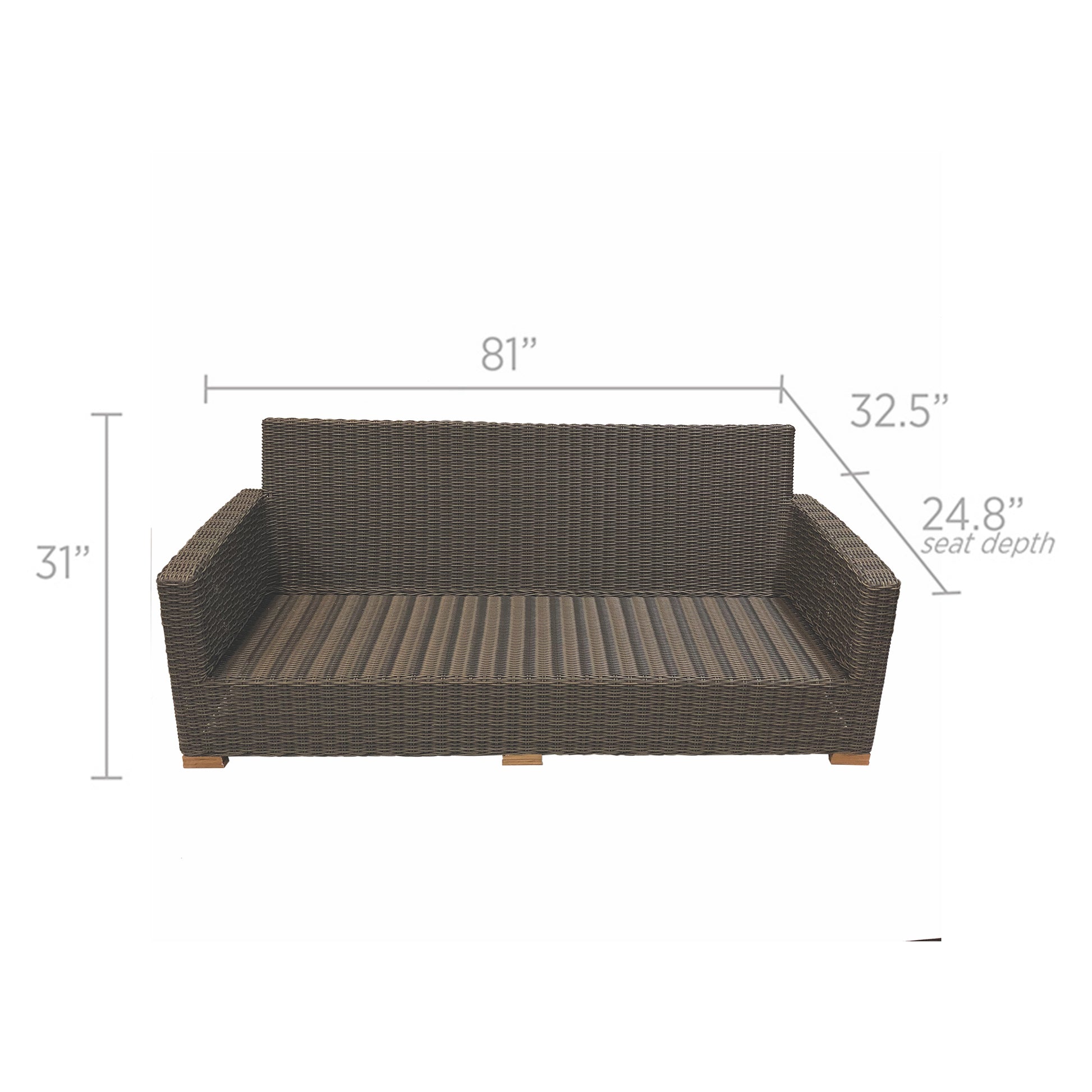 Outdoor patio sofa with dark gray wicker frame and striped seat cushions