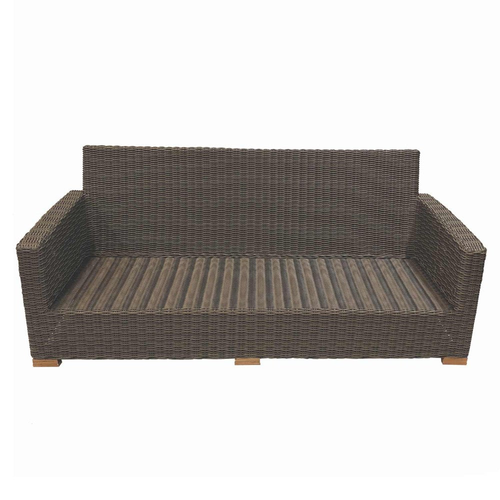 Outdoor patio sofa frame with dark gray wicker and striped seat cushion